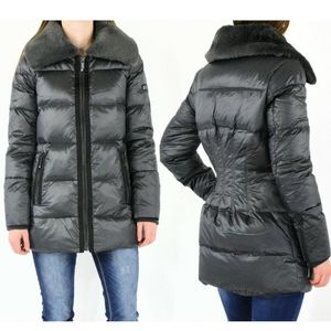 BCBG MaxAzria Down Bustle Coat Gunmetal Gray Faux Fur Collar sz Med